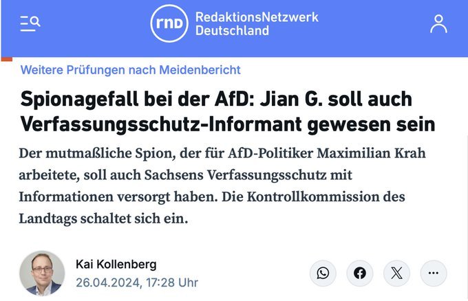 So Leudde 👋, ihr könnt wieder #AfD wählen‼ 

Der Verfassungsschutz im #CDU regierten #Sachsen hat den 'eigenen' Informanten beim #AfD Spitzenkandidaten Krah kurz vor der #Europawahl medienwirksam auffliegen lassen.