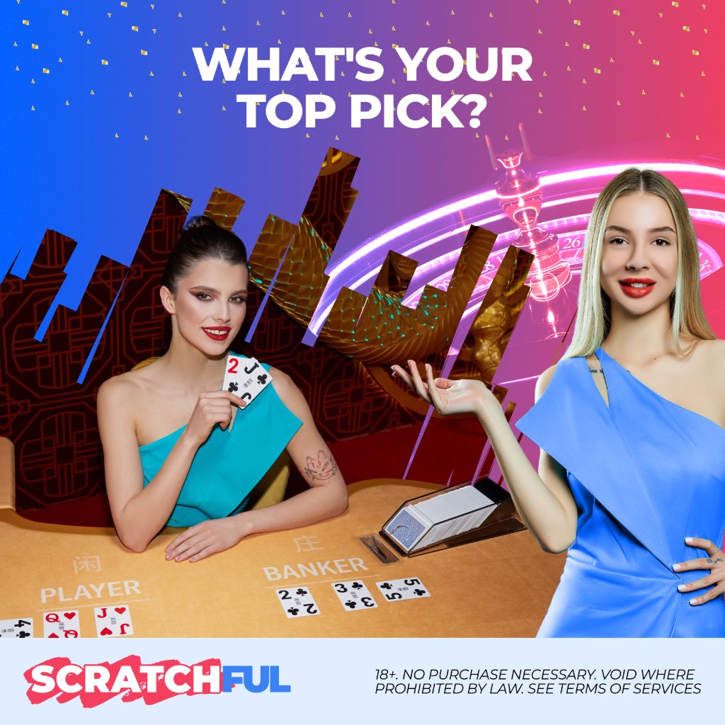 🎉🎲 Dive into Social Live Casino games at #Scratchful 🎰 Whether you're into blackjack, roulette, or baccarat, we've got you covered. 💖

But we're curious... What's YOUR favorite game? 🤔 Share it in the comments! 💬👇

#SocialGaming #FavoriteGame