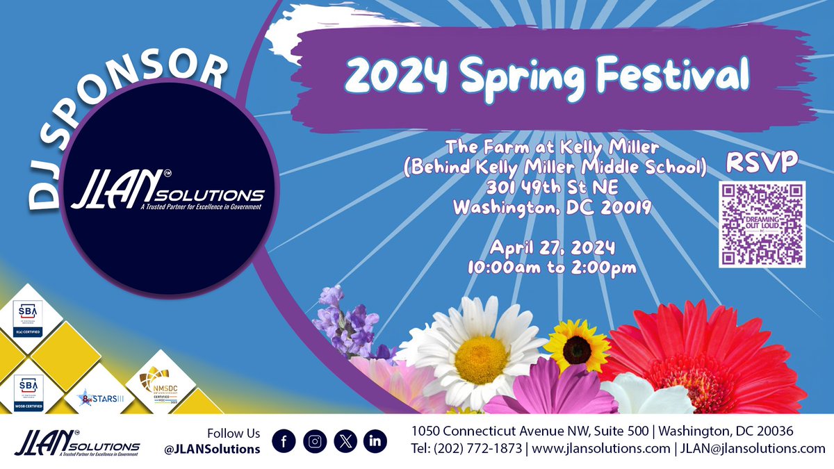 JLAN Solutions looks forward to tomorrow’s Annual #SpringFestival at The Farm at Kelly Miller. We’re excited to be a DJ Sponsor, helping #DOLDC strengthen the DC community.

Join us for a day of fun and food!
eventbrite.com/e/7th-annual-s…

@DOLDC 
#FarmersMarket