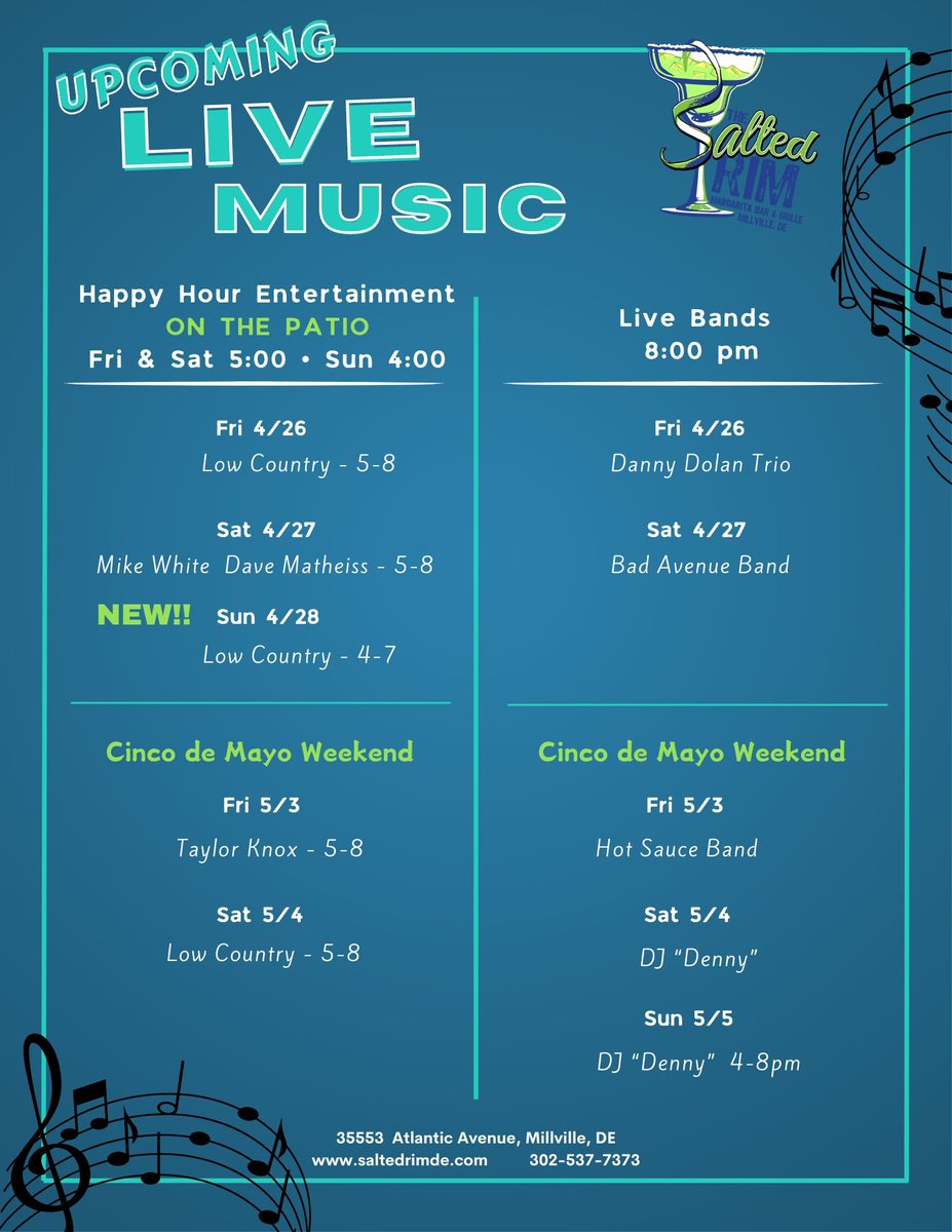 Almost time to kick-off the weekend with our Happy Hour Patio Entertainment! Join us on Friday, Saturday, AND Sunday this weekend for live music & delicious happy hour drinks. #thesaltedrim #happyhour #liveentertainment #livemusic #patiovibes #bethanybeach #delawareevents