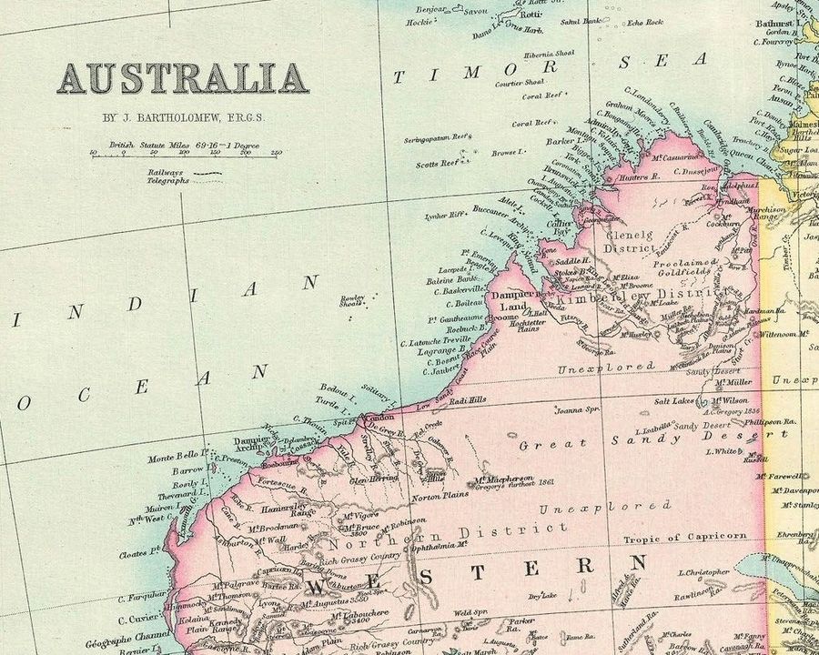 The 1890 antique map by Bartholomew offers a detailed depiction of Australia, ranging from Torres Strait in the north to Bass Strait in the south, and includes the five provinces of Australia.

historicpictoric.com

#historicpictoric #history #historicmaps #vintage #wallart