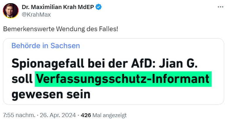 Eilmeldung: 

Ich wusste es.
Die Diffamierungskampagne gegen Maximilian #Krah wird im Sande verlaufen.  🔥