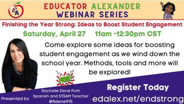 Looking forward to my next webinar via @EducatorAlexander about #studentengagement 🍎 Sign up: buff.ly/49ecbzM #education #edtech #edchat