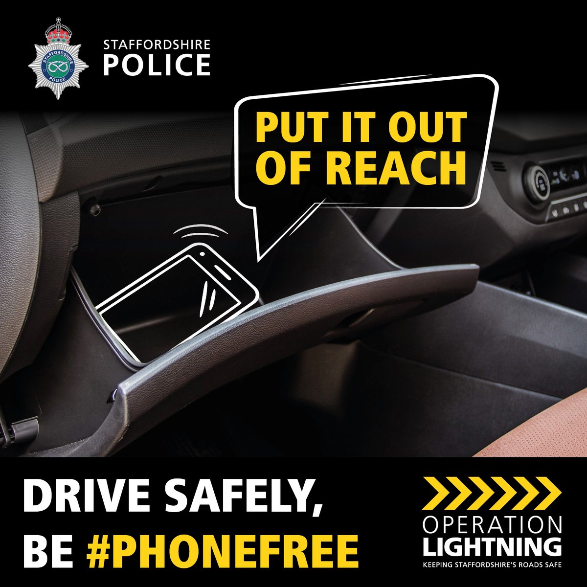 If you touch your phone for any reason while driving you can face a £200 fine and six points on your licence, this includes: •Changing songs •Touching the sat nav function •Checking notifications Avoid temptation and put your phone out of reach. #PhoneFree