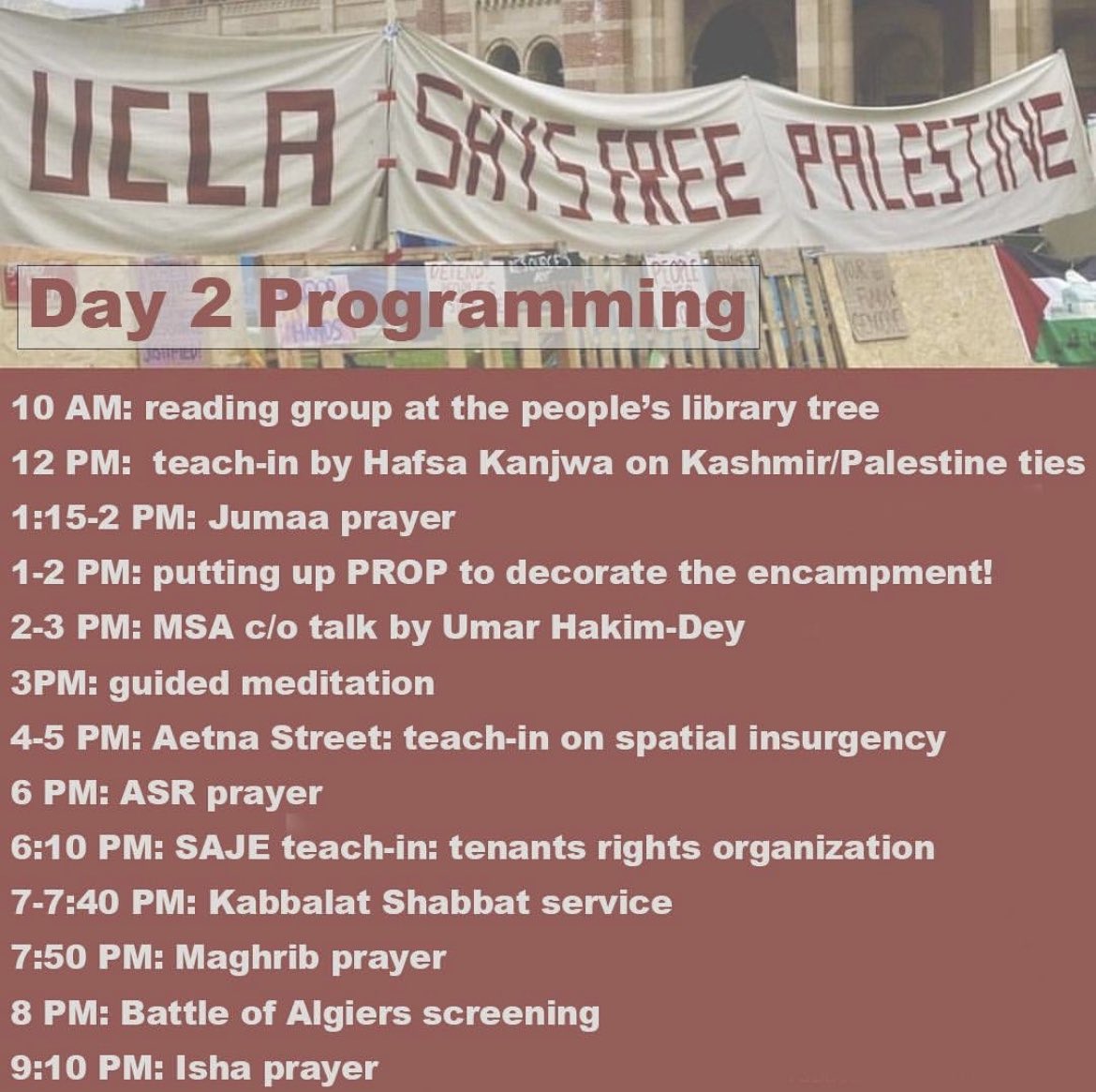 UCLA STUDENTS: pull up to the liberated zone for today’s programming!