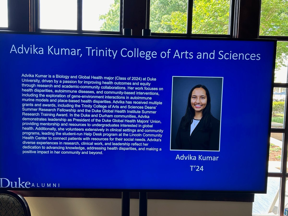 Congrats to Advika Kumar who was a recipient of the Forever Duke Student Leadership Award from @DukeAlumni. Kumar is a biology and global health major who was nominated by one of her professors, DGHI's Dennis Clements. What a way to wrap up being a part of the #ClassOf2024! 💙