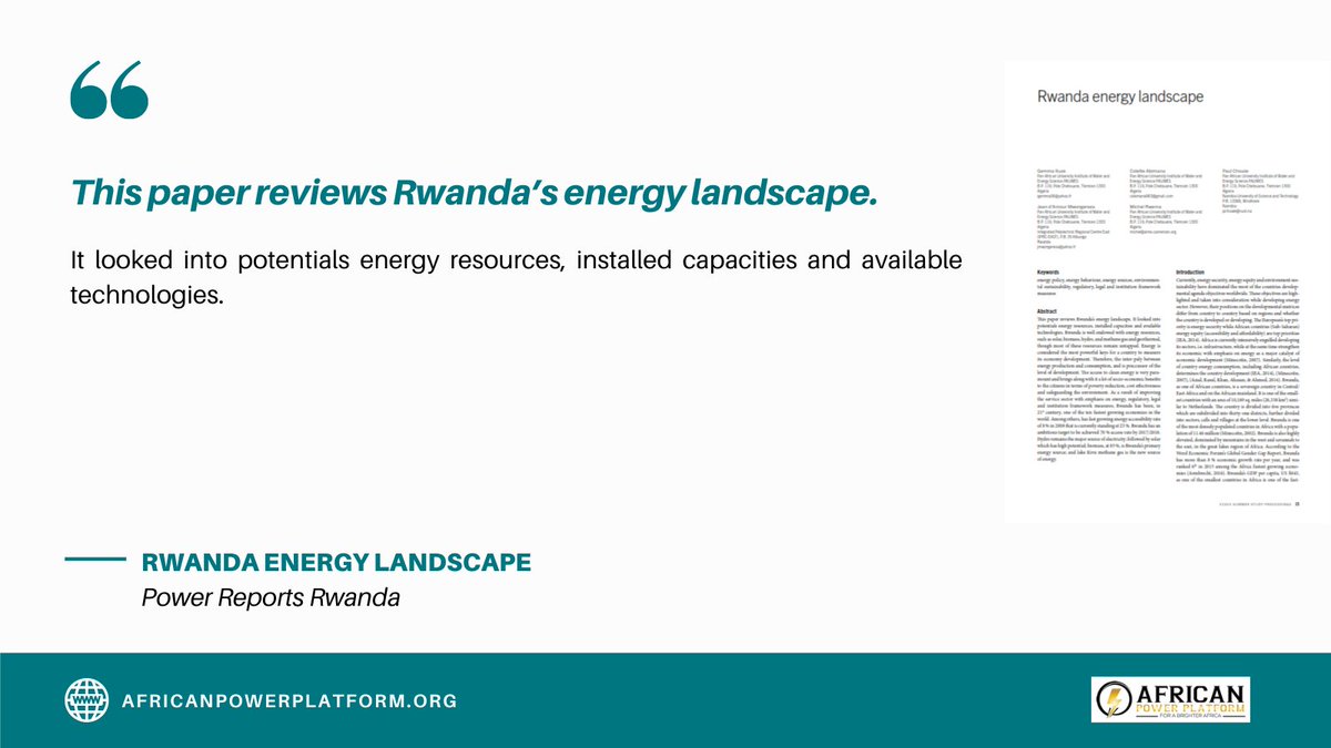 africanpowerplatform.org/resources/repo…

Power Reports Rwanda

Rwanda energy landscape

#africanpowerplatform #energyaccess #energy #cleanenergy #renewables #renewable #renewableenergy #electricity #electrification #minigrids #microgrids #offgrid #solar #wind #biomass

africanpowerplatform.org/resources/repo…