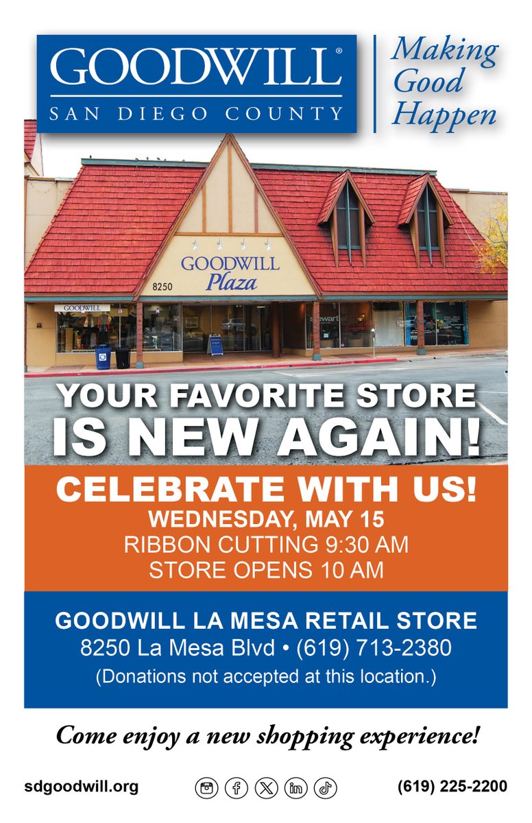 Join Us at a Grand Re-Opening  Ribbon Cutting for the Goodwill Location in La Mesa!

The remodeling has been completed and the La Mesa Goodwill is ready to open its doors again! Join us in celebrating.

Wednesday, May 15th at 8250 La Mesa Blvd.,9:30-10am
chamber.lamesachamber.net/events/details…