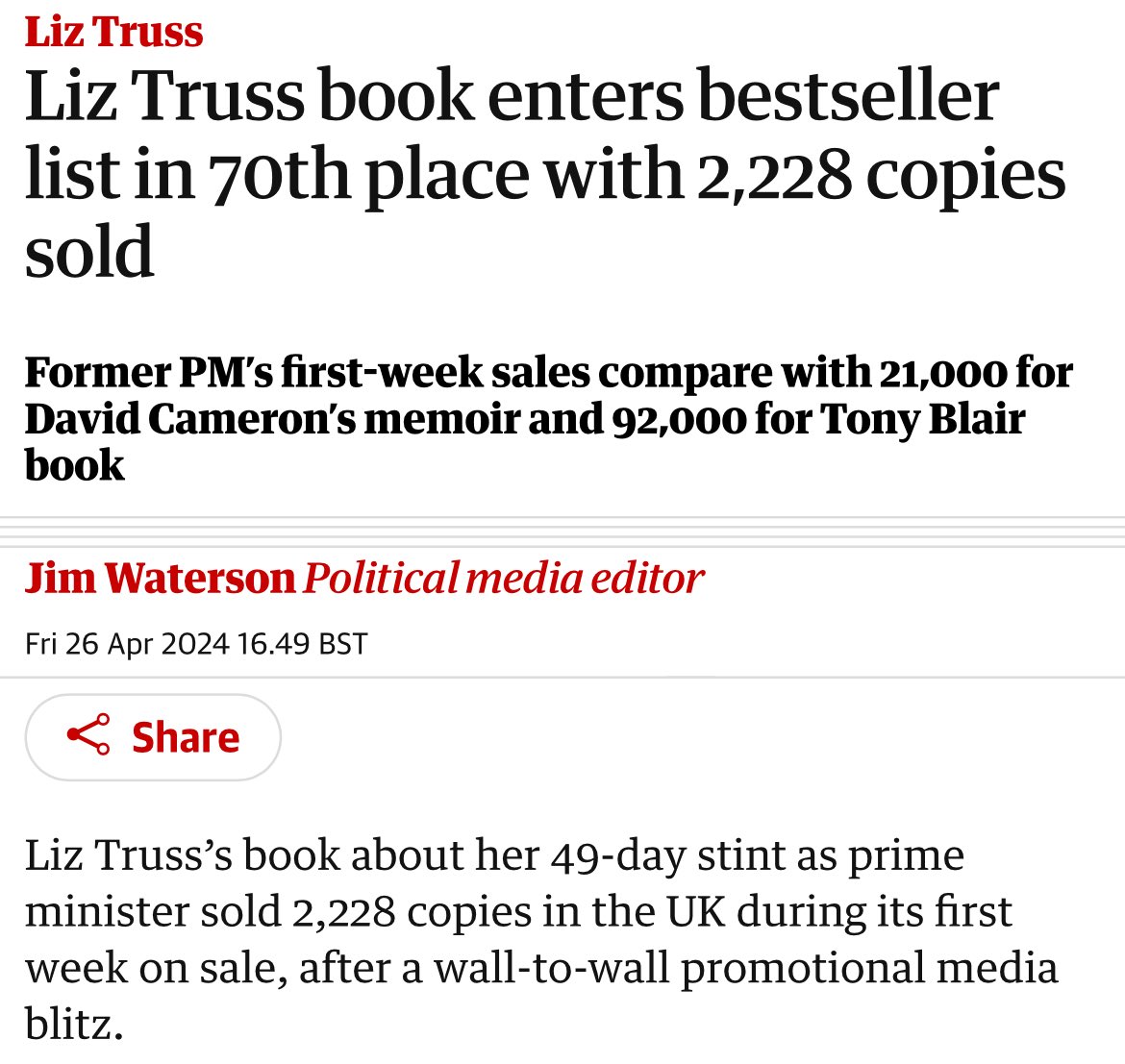 Looks like Liz Truss's book sales are pretty closely calibrated with the length of her time in office. (And when you think that most MPs and journalists probably bought a copy to stay informed, the figures are grimmer still.) theguardian.com/politics/2024/…