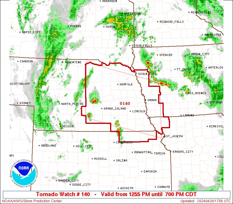 12:57pm CDT #SPC_Watch WW 140 TORNADO IA KS MO NE 261755Z - 270000Z, #iawx #kswx #mowx #newx, spc.noaa.gov/products/watch…