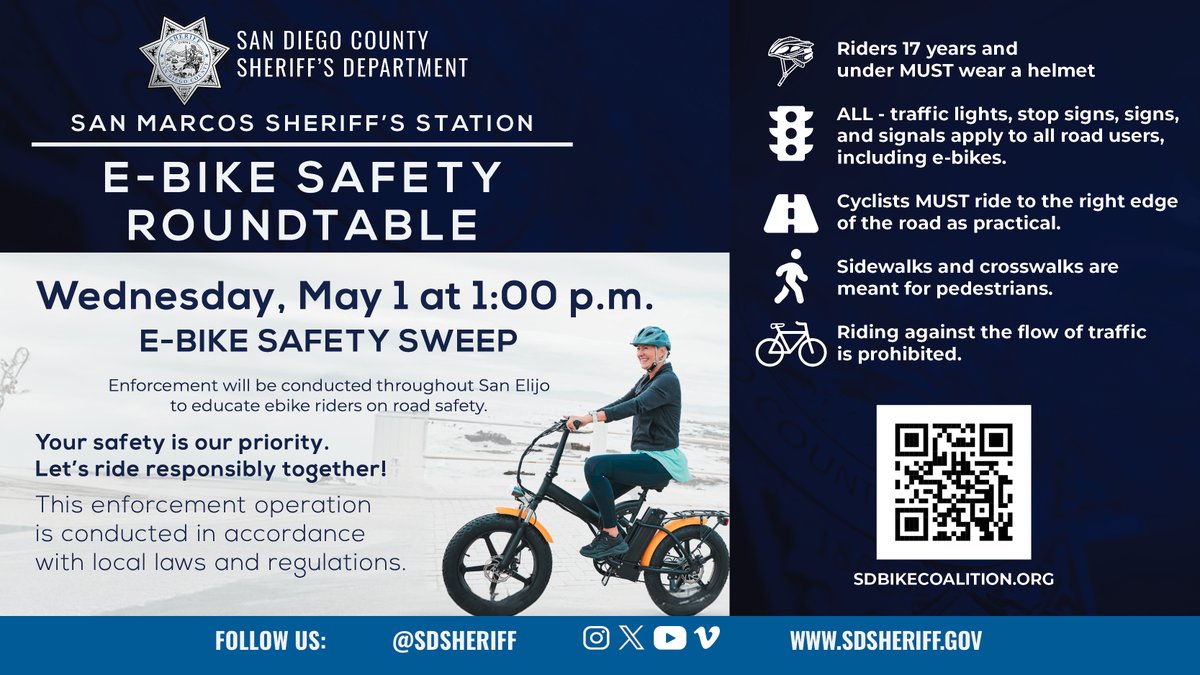 The @SDSOSanMarcos will conduct an E-bike Safety Operation on Wednesday, May 1 in @sanmarcoscity. Additional operations will take place in other parts of the city as summer approaches. More info, click: sdsheriff.gov/Home/Component… #KeepingYouSafe @SDSheriff #TrafficSafety #Ebike
