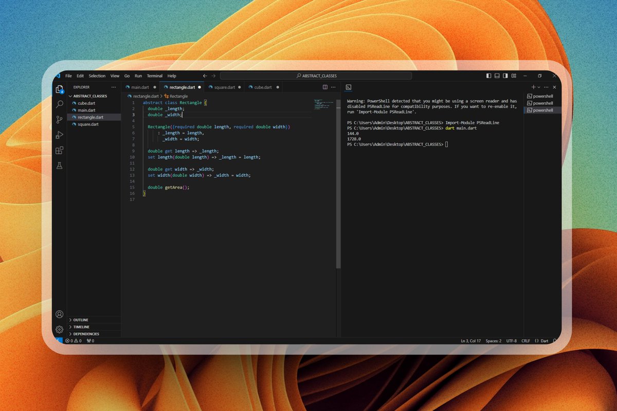 henryChinedu__'s tweet image. Just wrapped up learning about interfaces and abstract classes in Dart, feeling accomplished! 💙
Next up, looking to learn abit more about toString() in Dart.
Excited to see what more I can create with this newfound knowledge.
#dart #interfaces #abstractclasses #learning
