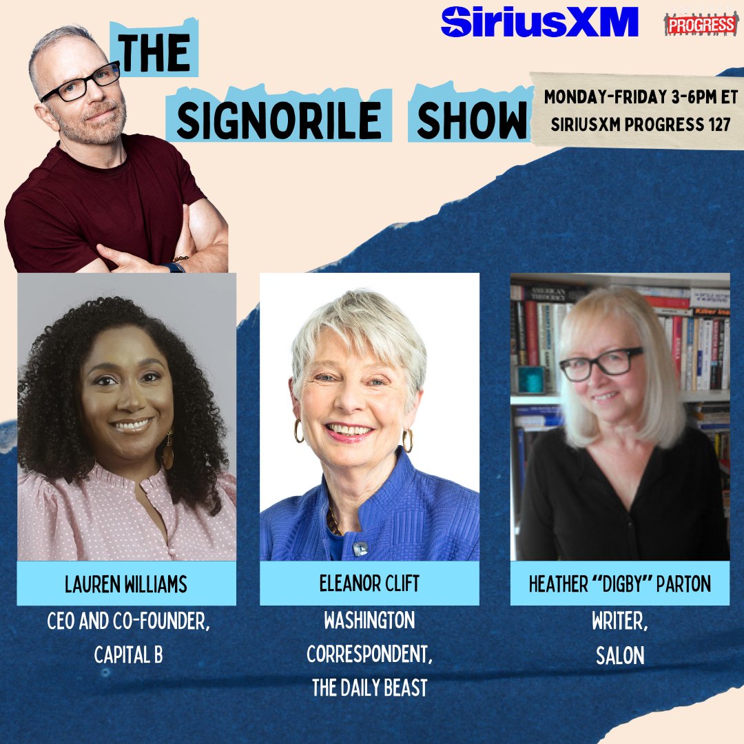 ‼️On Today's @MSignorile Show‼️

@CapitalBNews CEO @laurenwilliams 
@EleanorClift of @TheDailyBeast 
@Digby56 of @Salon 

🔊Listen Here: SiriusXM.us/Signorile

📞Join the Conversation: 866-997-4748