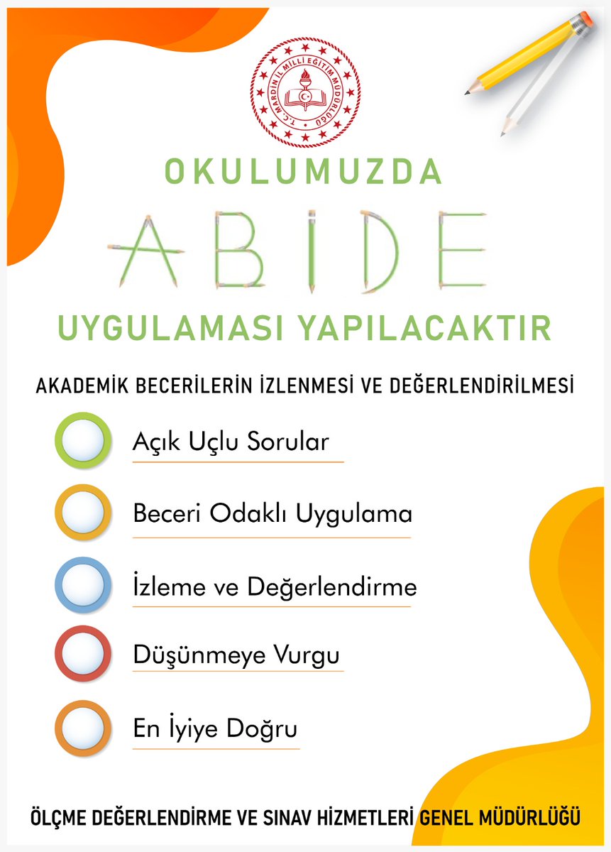 Genel Müdürlüğümüz tarafından yürütülen "Akademik Becerilerin İzlenmesi ve Değerlendirilmesi (ABİDE) Projesi" ile öğrencilerin başarılarını etkileyen faktörlerin de ortaya konulması amaçlanmaktadır.
<a href="/mebodsgm/">Ölçme, Değ. ve Sınav Hizmetleri Genel Müdürlüğü</a> 
<a href="/Ziynuleb/">Kemal bülbül</a> 
<a href="/MucahitYentur/">Murat Mücahit Yentür</a>