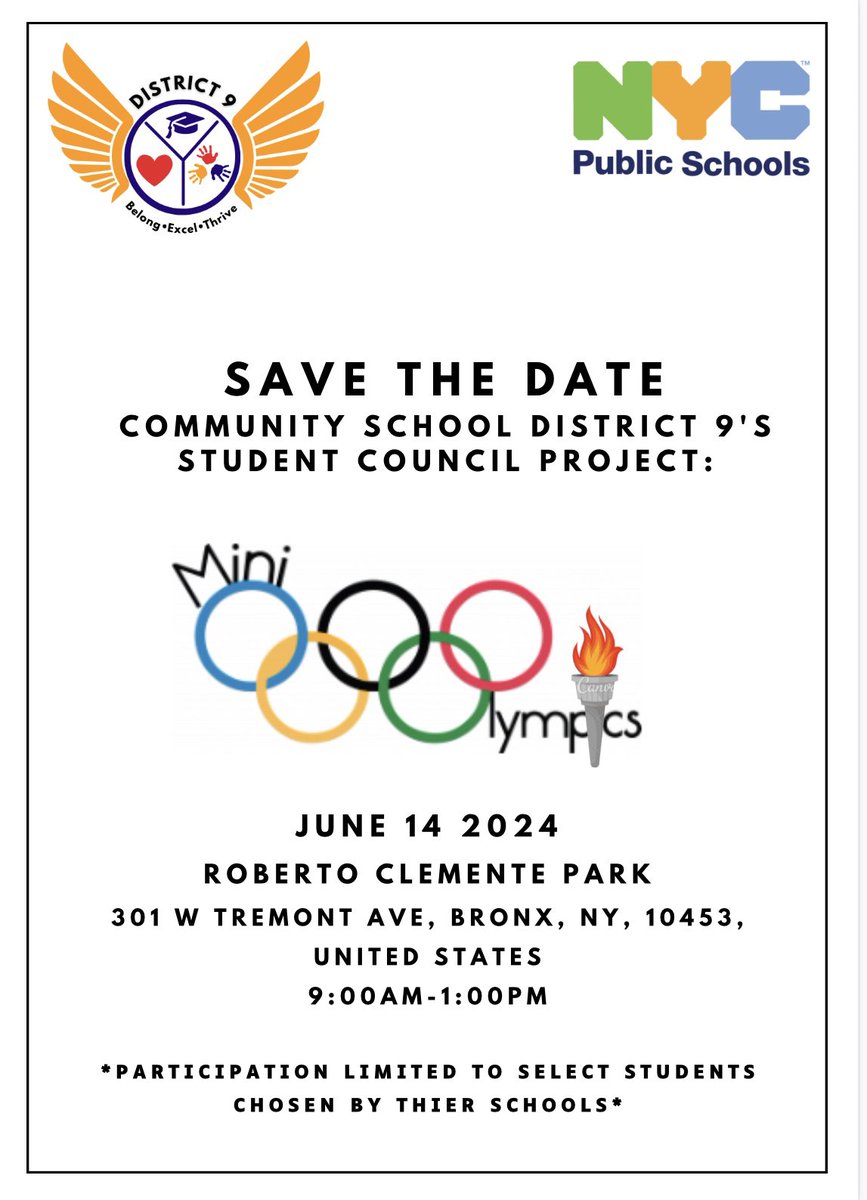 Save the Date! D9’s Student Council is organizing and hosting and end of year mini Olympics! #ComeHometoDistrict9