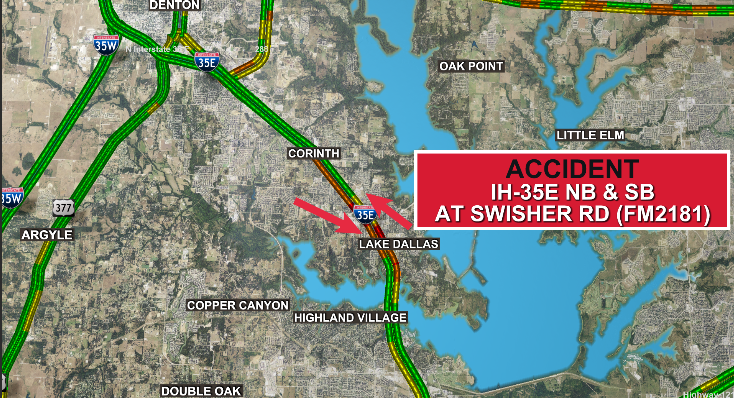 🚨TRAFFIC ALERT🚨: Two accidents are slowing traffic down on IH-35E in Lake Dallas. At least one collision involves an 18-wheeler. Weather conditions are causing ponding on the roads and poor visibility. 

Use caution and drive carefully if you have to travel this afternoon.