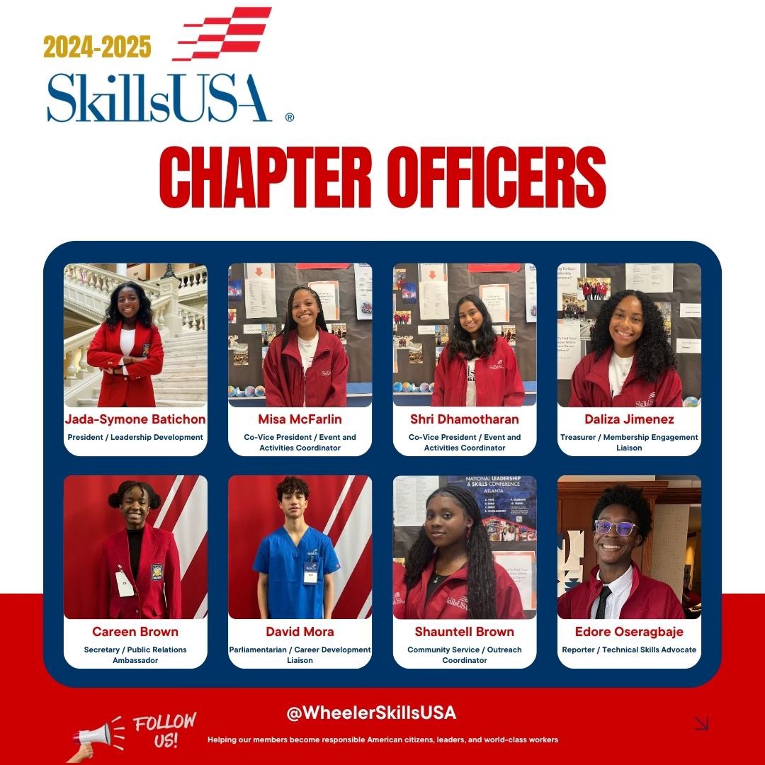 Please congratulate our 2024-2025 @Wheeler_High SkillsUSA chapter officers! Let’s also welcome two new advisors Ms. Rogers and Ms. Wiggins 🍎