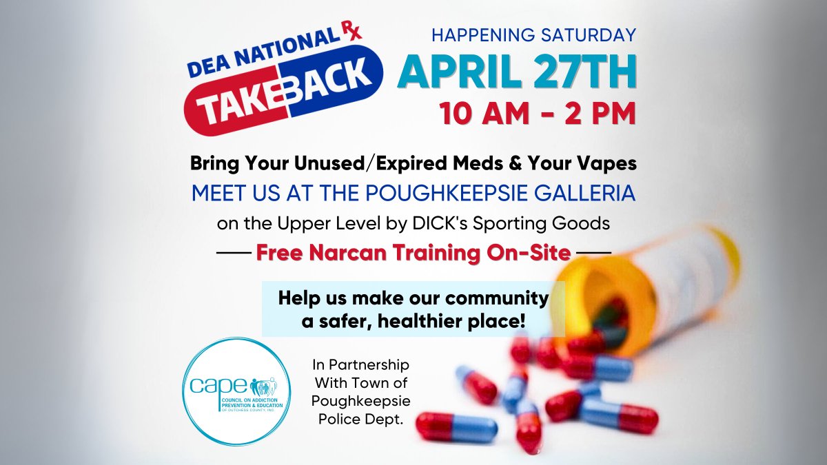 Stop by the Galleria tomorrow with your unused/expired meds & vapes! Find our CAPE table by the food court in honor of #TakeBackDay --- get Narcan training & learn how to save a life #Opioids #SafeDisposal #SecureYourMeds #PreventionWorks #TogetherWeCan #CommunityWellness