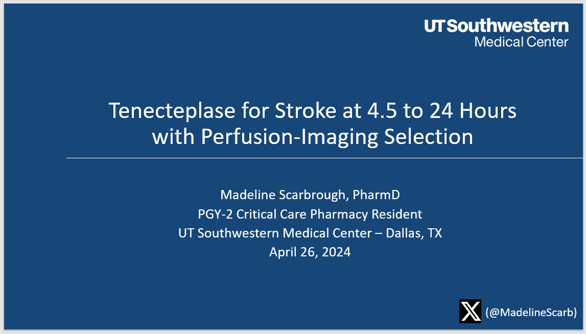 We are kicking off @neurocritical #NCSPharmJC, we hope you are online with us. If not, follow along here! @MadelineScarb representing UTSouthwestern PGY2 Critical Care Pharmacy Residency Program presenting the TIMELESS trial!