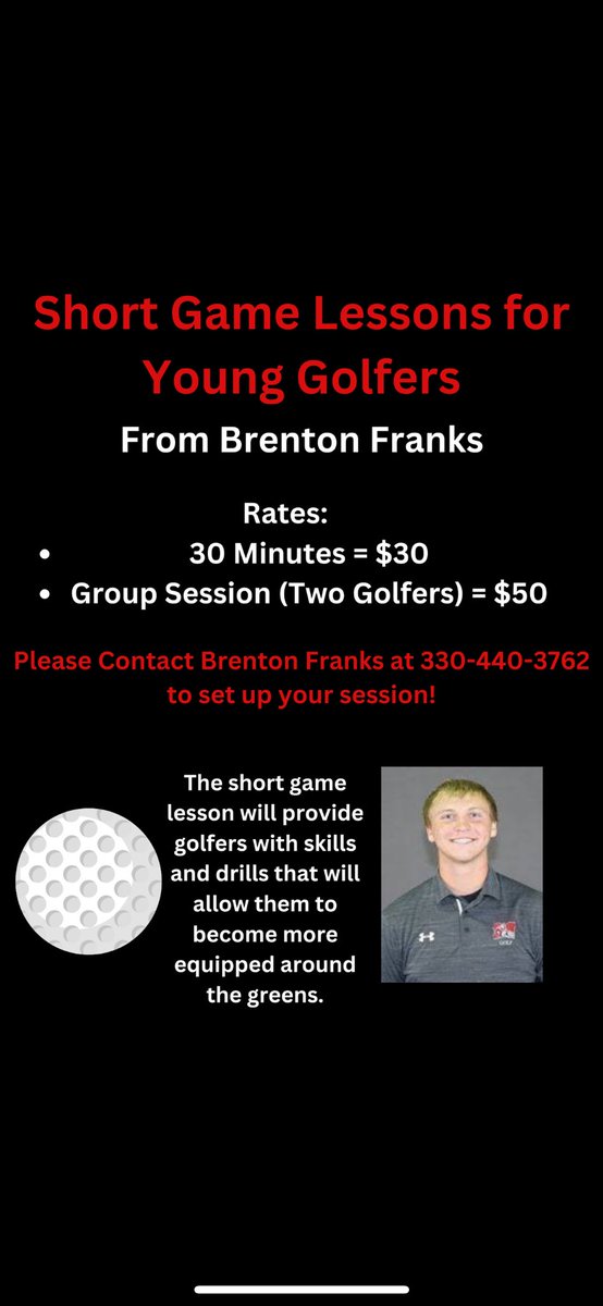 It’s that time of year again! If you are interested in setting up a session for your son or daughter, please reach out! 
~ 30 minutes = $30
~ Group Session (Two Golfers) = $50