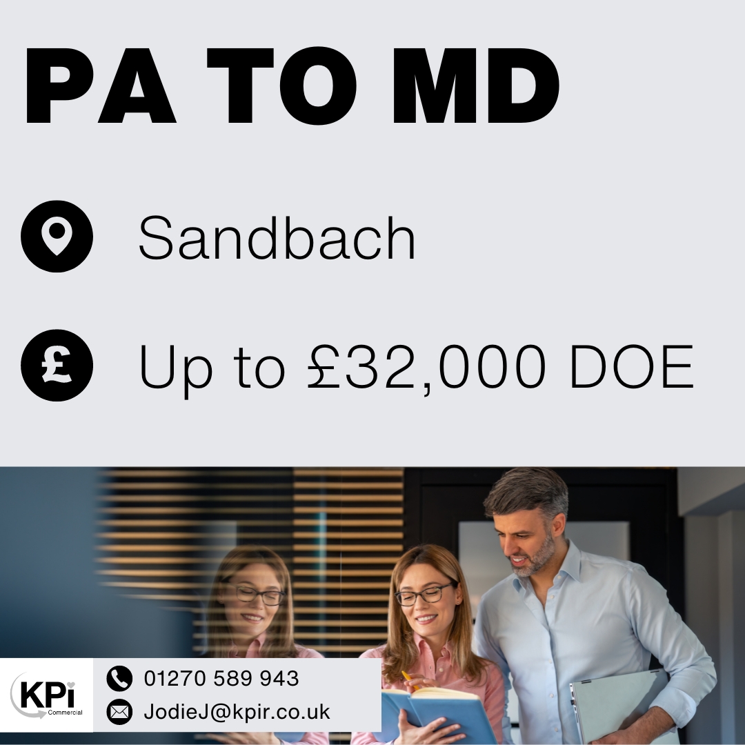 **PERSONAL ASSISTANT** Sandbach. Up to £32,000 p/a DOE

Visit bit.ly/PASan for more details on this role.

Call 01270 589943 or email JodieJ@kpir.co.uk to apply.

#PA #PAJobs #PersonalAssistantJobs  #CreweJobs #SandbachJobs #KPIRecruiting