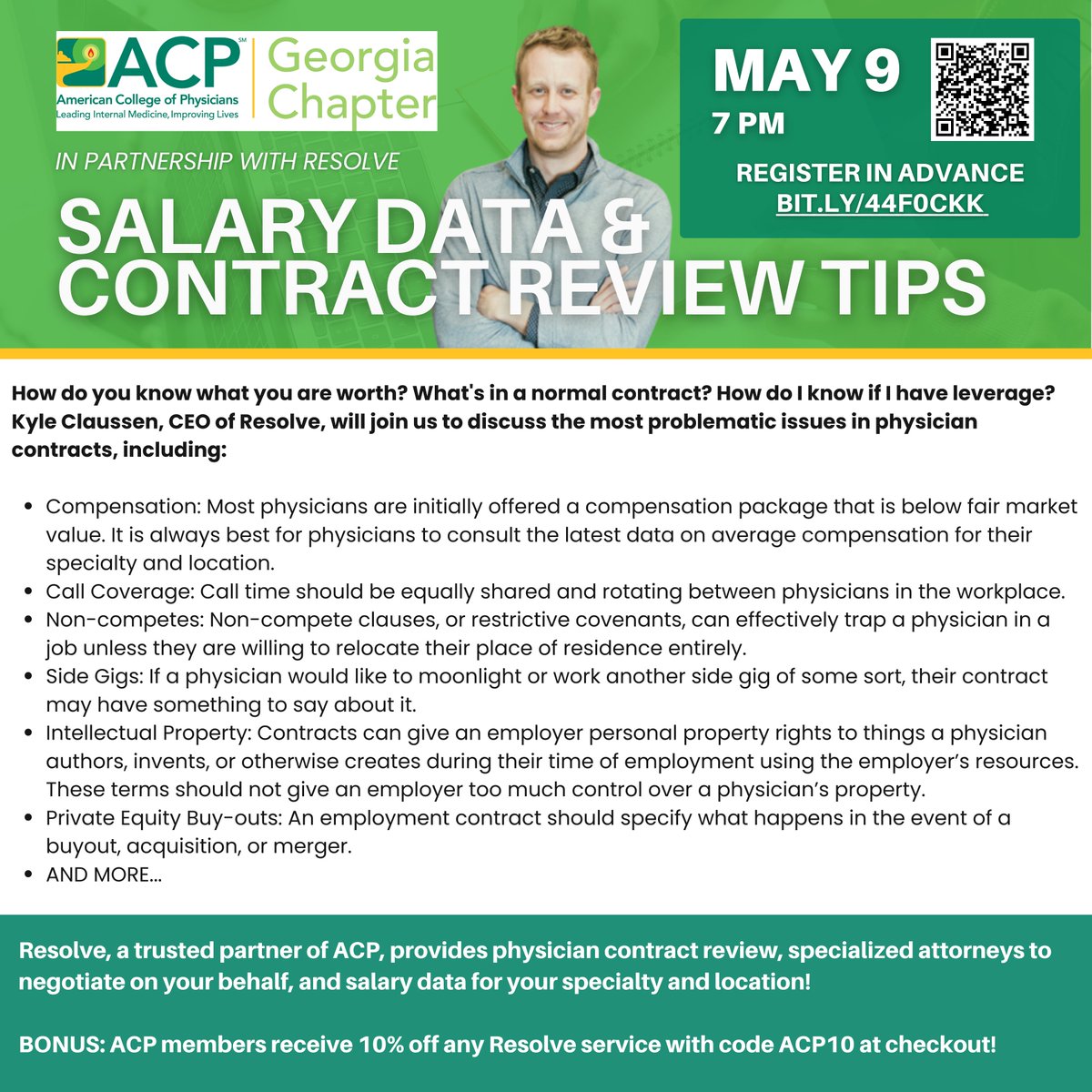 The Georgia Chapter of the ACP is partnering with Resolve to discuss some of the most problematic issues in physician contracts, including compensation, call coverage, non-competes and more. Register today for this webinar held on May 7, 6PM CST. ow.ly/BqaV50Ro6W3