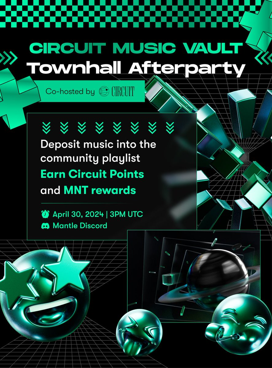 We're building a collaborative Mantle Townhall Afterparty mixtape! 🪩 Join the Mantle Discord and interact with the Circuit Music Vault bot: 📥 Deposit music ⚡ Earn $MNT and @circuitprotocol Points Jam with us on Discord April 30, 3PM UTC discord.com/invite/0xMantle