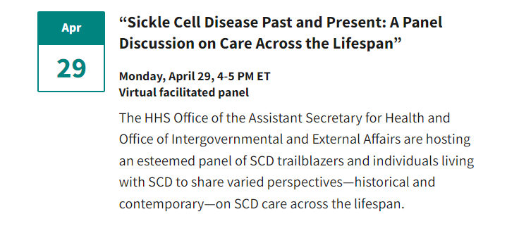 #ICYMI: Next Monday, @HHS_Health & @HHSGov IEA will host a virtual event with an esteemed panel of #SCD trailblazers and individuals living with SCD to share varied perspectives on SCD care across the lifespan. Join the live stream here: hhs.gov/live/live-2/in… #NMHM24