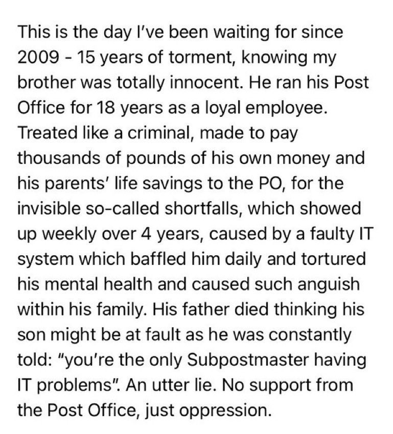 #PostOfficeScandal Behind every case there is a human cost. This is the reality of this scandal. This is the message put out by @JayneKathryn who is the sister of Martin Griffith’s whose case was discussed in great detail as shown below. The @PostOffice drove this man to take