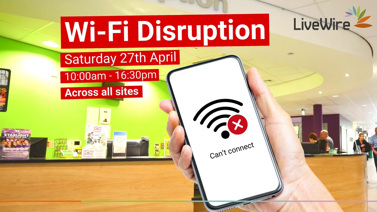 IMPORTANT 📲❌ Due to critical network maintenance, there will be disruption connecting to corporate and guest WIFI between 10:00am and 16:30pm across all LiveWire sites and libraries ⚠ We advise you not to try to use the Wi-Fi during this period.