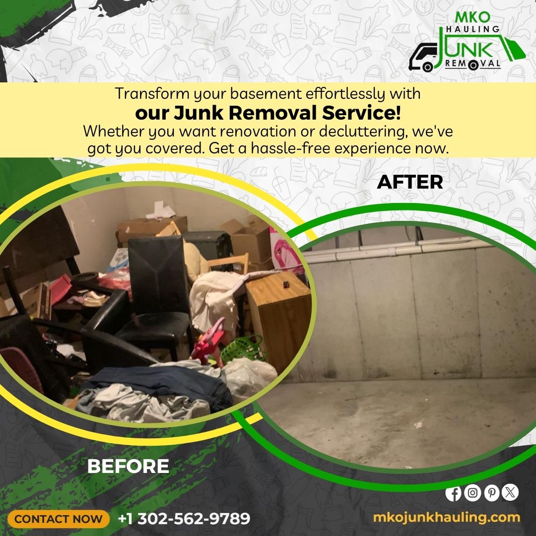 Transform your basement effortlessly with our Junk Removal Service! Whether you want renovation or decluttering, we've got you covered. 

Call us Now: +1 302-562-9789
#MKO #hauling #junkremoval #effortlessly #covered #hasslefree #experience #renovation #decluttering #fridayvibes