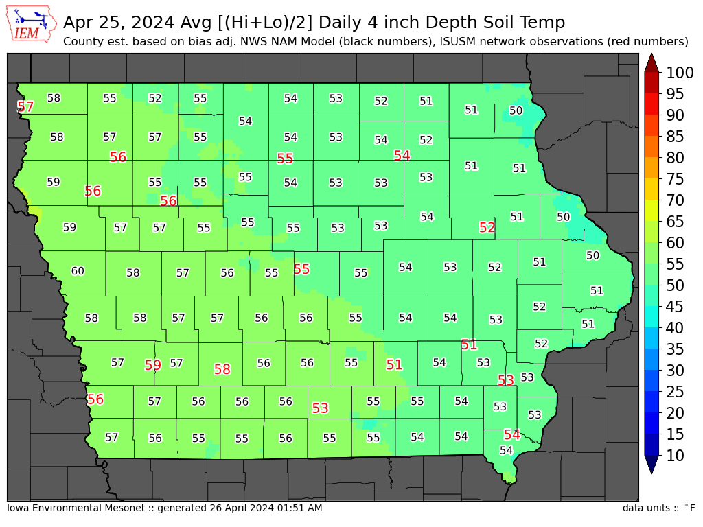 Current soil temperatures in Iowa: