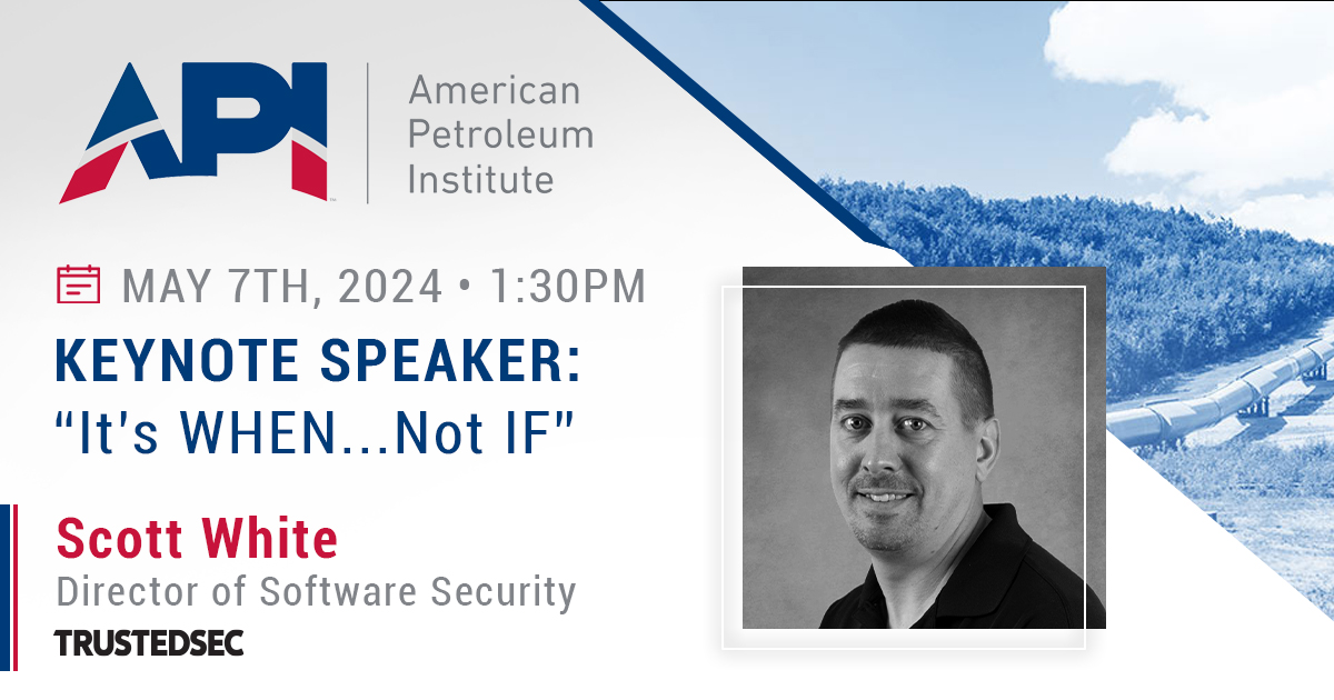 Director of Software Security Scott White will be a keynote speaker at the 2024 API Pipeline Conference and Expo in Salt Lake City, Utah on May 7. His talk 'It's WHEN...not IF' will take place at 1:30pm. #Pipeline24 @APIGlobal hubs.la/Q02v9p9H0
