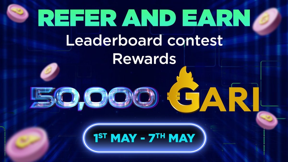 Get ready for the ultimate win-win! 🚀 With our Refer and Earn, the rewards are already 4X juicier!🤩 Refer friends and earn 100 $GARI each, while they get 50 $GARI!🤑 Plus, join our leaderboard contest from May 1st-7th, and share from a pool of 50,000 GARI. Don't miss out!