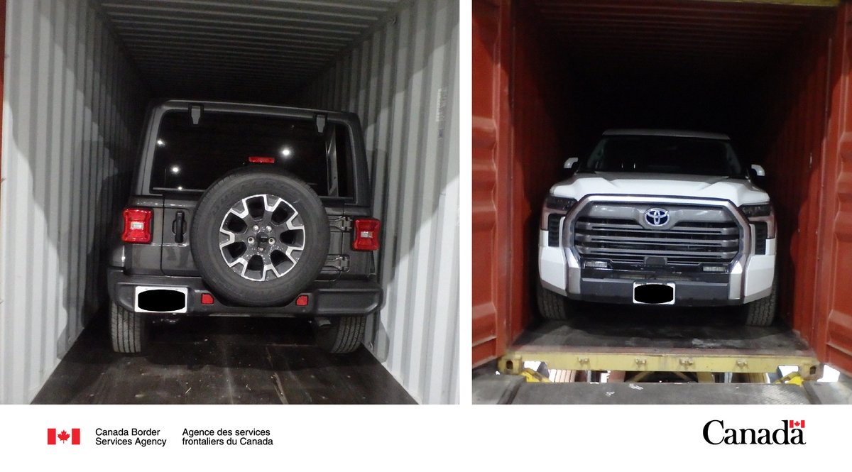 CanBorder's tweet photo. CBSA officers in Montreal intercepted more than 30 stolen vehicles destined for export this past week. The value of these vehicles is estimated at over $2.6 million. 

#BorderSecurity #ProtectingCanadians #AutoTheft https://t.co/fgvHJhuAgQ