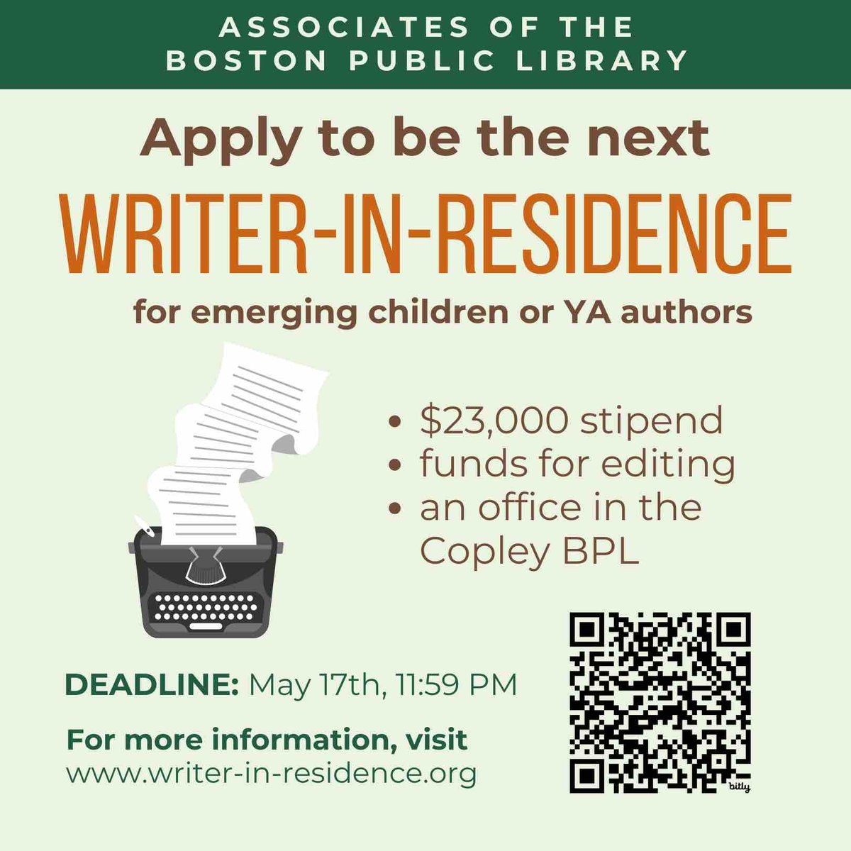 Apply for the Associates of the Boston Public Library’s Writer-in-Residence fellowship for emerging children or YA authors! Deadline: Friday, May 17th, 2024. Apply at bit.ly/WIR2024-25.