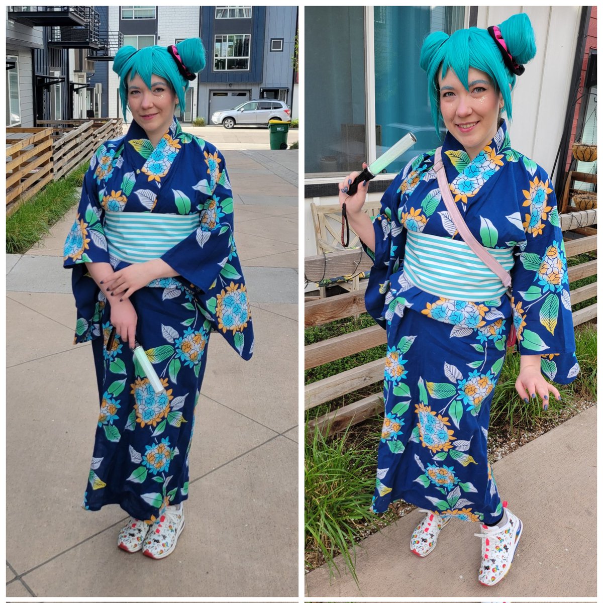 Yukata Miku fit that I threw together for #MikuExpo earlier this week 💙
I made the yukata several years ago so all I had to do was the wig!

#cosplay