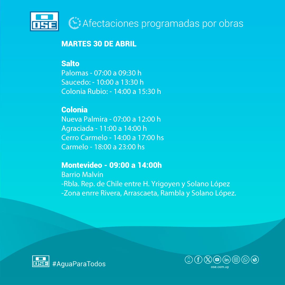 Afectaciones de suministro programadas

📆 Martes 30/4

📍Salto
📍Colonia
📍Montevideo

📲 0800 1871 | * 1871 gratis desde móviles
#oseuruguay
