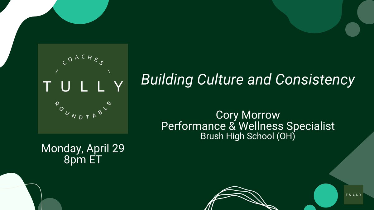 TullyTracking's tweet photo. Join us Monday 8PM ET for the next #TullyCoachesRoundtable. @CoryMorrow33 is presenting on building culture and consistency with Tully!
Register for the free roundtable here: https://t.co/bCuOGlsBV0
#tully #tullyteam #tullytracking #performance #athleticperformace https://t.co/GNtMN8kwvN