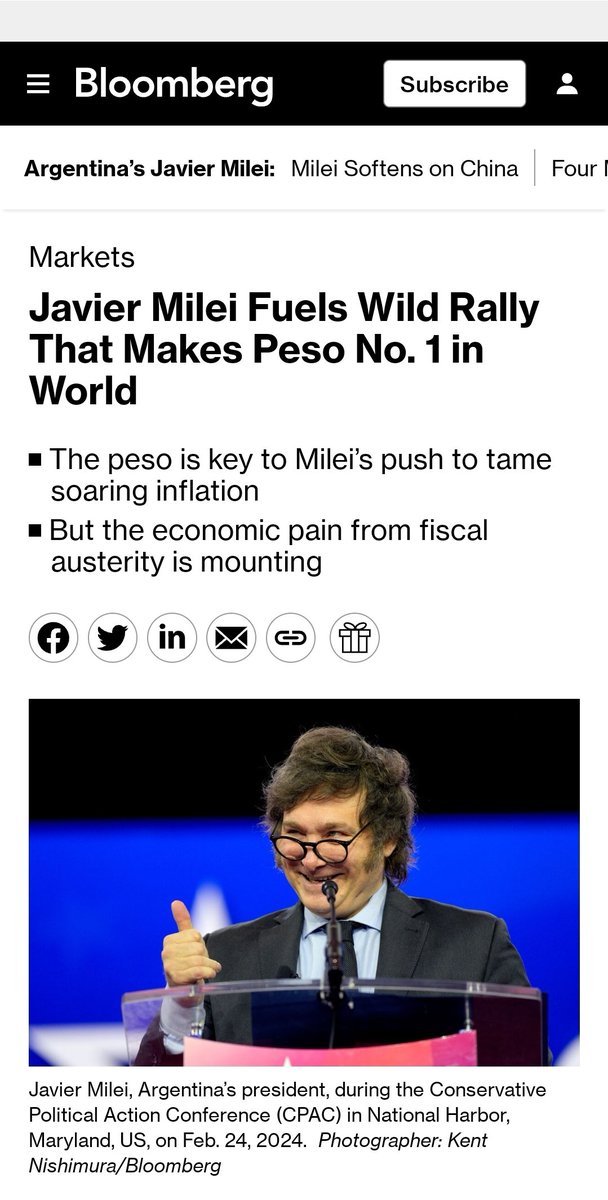 'Javier Milei impulsa un repunte salvaje que convierte al peso en el número 1 del mundo'.

#MileiLoHizo
