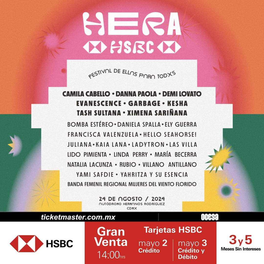 ¡De ellas para todxs! 🧡 Tenemos lineup para la primera edición de Festival Hera HSBC a realizarse el próximo sábado 24 de agosto en Autódromo Hnos. Rodríguez ✨️ #GranVentaHSBC 2 y 3 de mayo 🎟