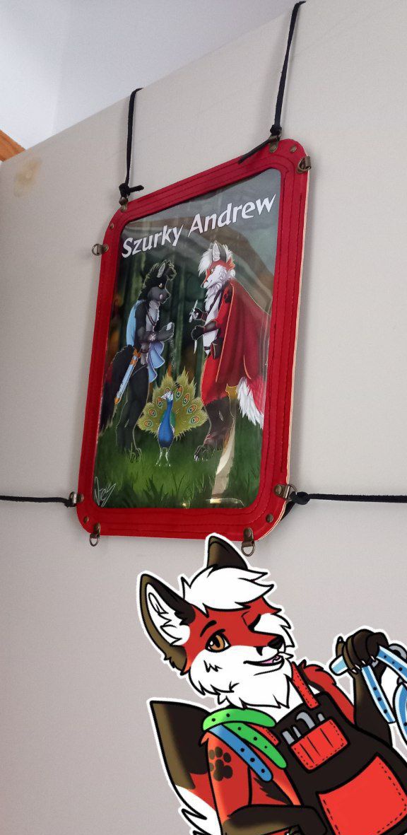 Problem : im going to the fwh (furry week-end holland) and due to the building where it is (old castle) we can not use duct tape for holding the doorsign commission on the doors Solution : okay let's craft a doorsign holder with rings around Fox ingeneering ~