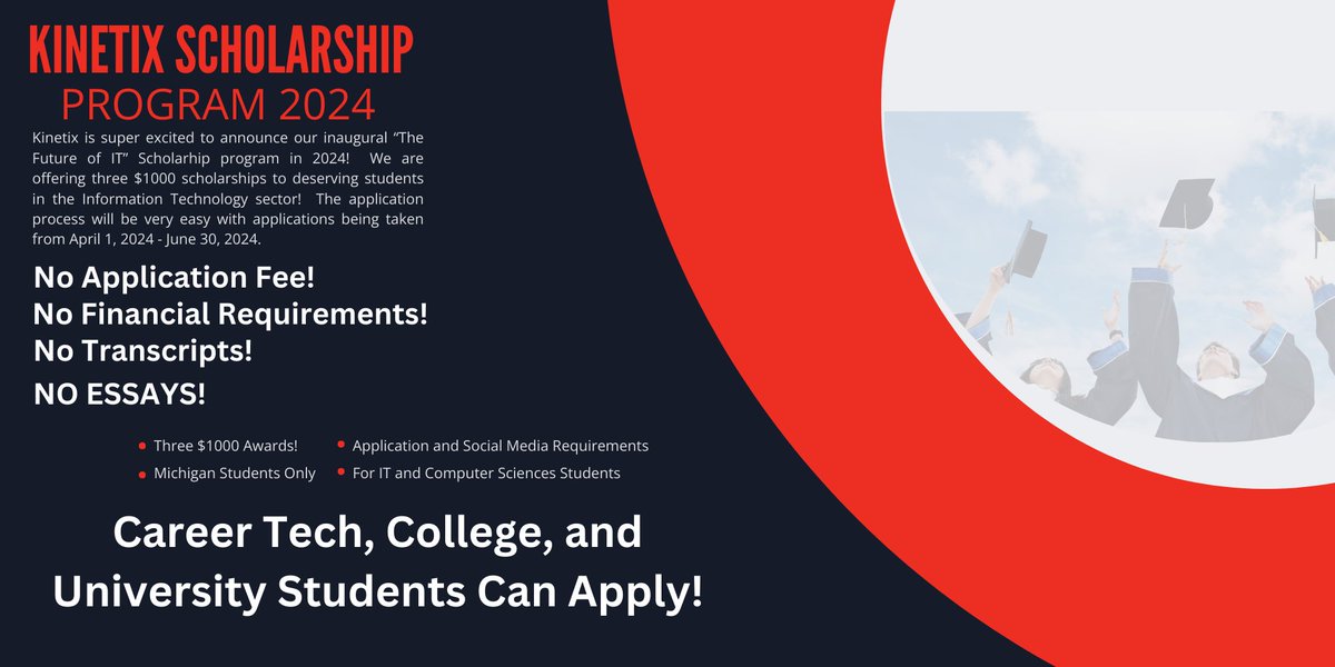 Attention IT students! Kinetix is offering THREE $1000 scholarships! No letters of recommendation, no transcripts, NO ESSAYS! Apply now at KINETIXINC.COM/SCHOLARSHIPS and kickstart your IT journey! 🌟 #FutureofIT #Scholarships #NoEssays