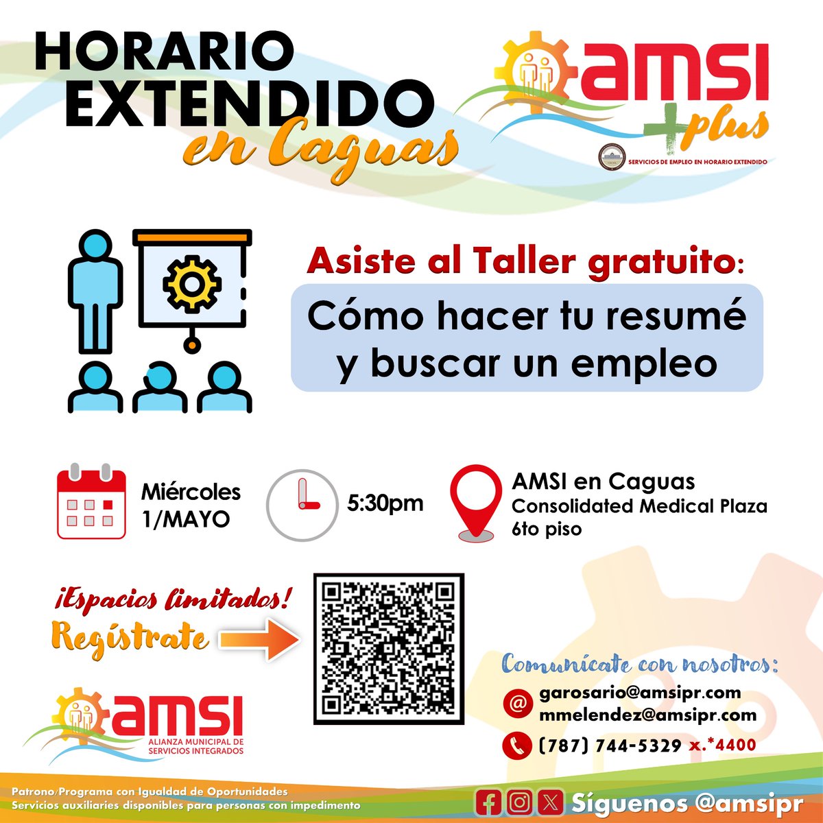 amsipr's tweet photo. Conoce cómo hacer tu resumé y estrategias para la búsqueda de empleo‼️ Te esperamos en AMSI en Caguas para que participes de este taller gratuito coordinado por nuestro programa AMSI Plus. 

🗓️ miércoles, 1 de mayo de 2024
⏰ 5:30pm

¡Escanea el código QR y regístrate! https://t.co/HEJi87fFFf