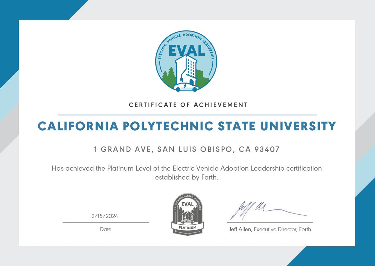 Congratulations, @CalPoly, for being a clean employee commute champion! 🏅 California Polytechnic State Uni. San Luis Obispo EVAL Platinum Cal Poly boasts of 37 L2 chargers & subsidized EV charging. Tag an employer you’d like to get #EVALcertified! 👉 evalcertification.org