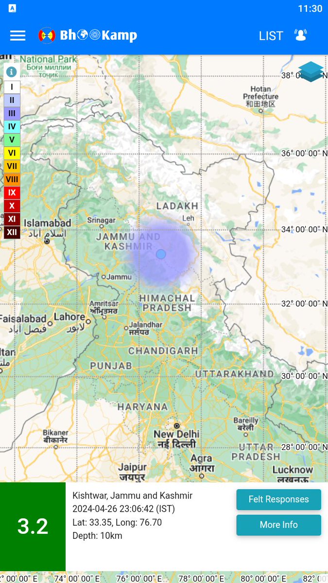 Earthquake of Magnitude:3.2, Occurred on 26-04-2024, 23:06:42 IST, Lat: 33.35 & Long: 76.70, Depth: 10 Km ,Location: Kishtwar, Jammu and Kashmir for more information Download the BhooKamp App riseq.seismo.gov.in/riseq/Interact… @KirenRijiju @Ravi_MoES @Dr_Mishra1966 @ndmaindia @Indiametdept
