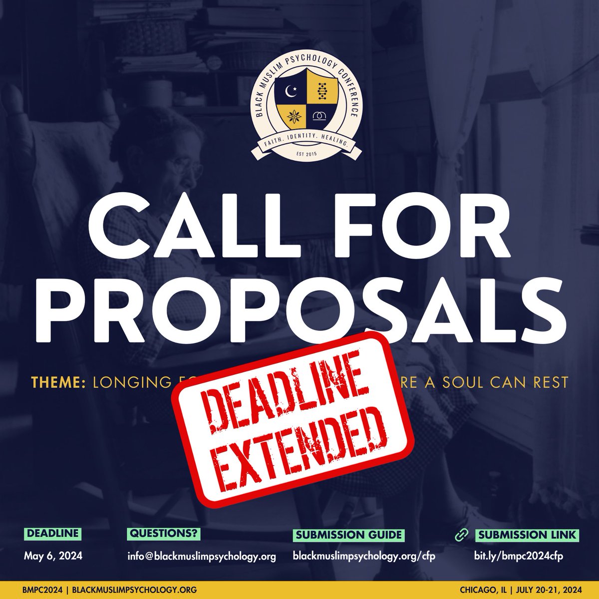 Good news - we’ve EXTENDED THE DEADLINE for proposals for #BMPC2024 until MONDAY MAY 6, 2024. If you’ve been considering submitting a proposal, there is still time. As you prepare your submission, please review the proposal guidelines found at blackmuslimpsychology.org/cfp.