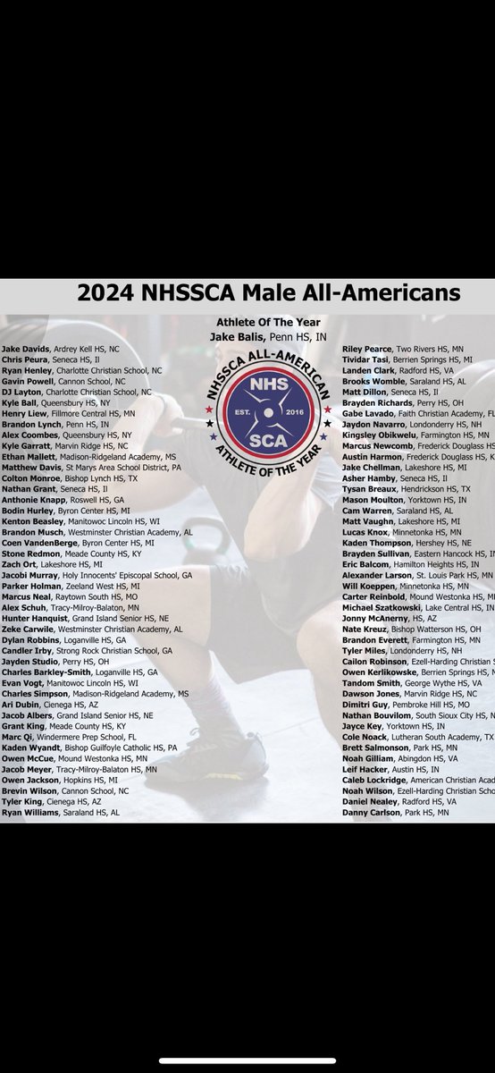 I am absolutely humbled and honored to receive the award of NHSSCA National Athlete of the Year. I couldn’t have done it without the constant encouragement and dedication of Coach Matt Cates and the rest of his strength and conditioning staff at Penn High School! <a href="/PennStrength/">Penn S&C</a>
