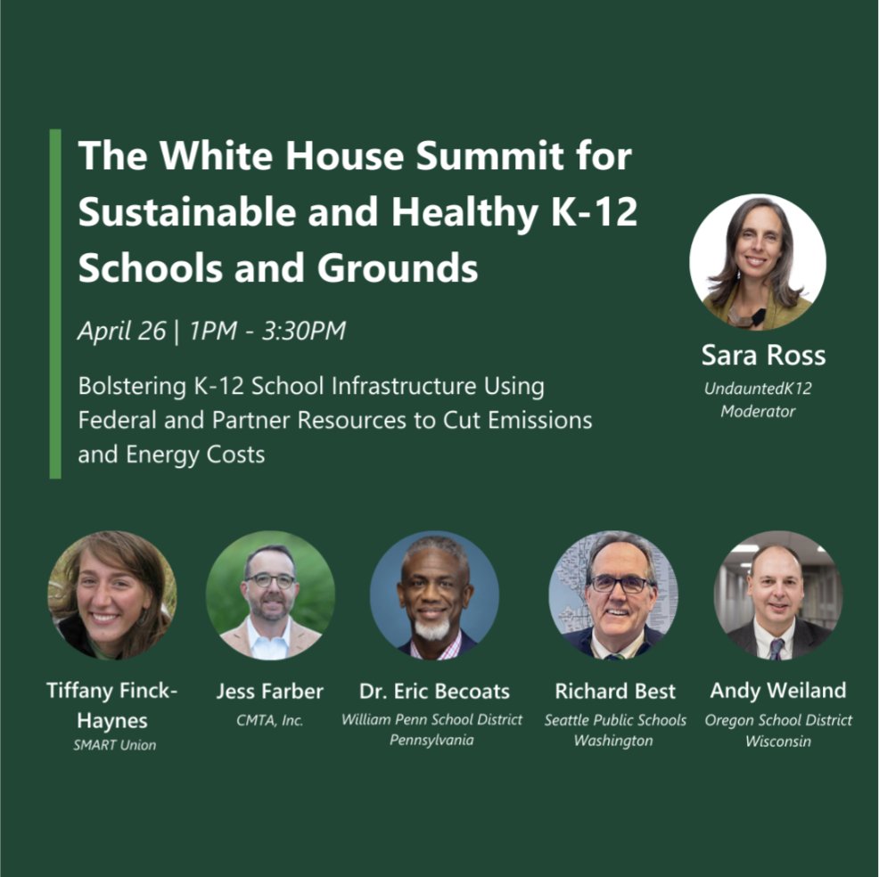 Opening remarks from are wrapping up at #WhiteHouseSustainableSchools. Next up: Panel 1, about how federal funding for school facilities can help districts cut #GHGemissions and costs.