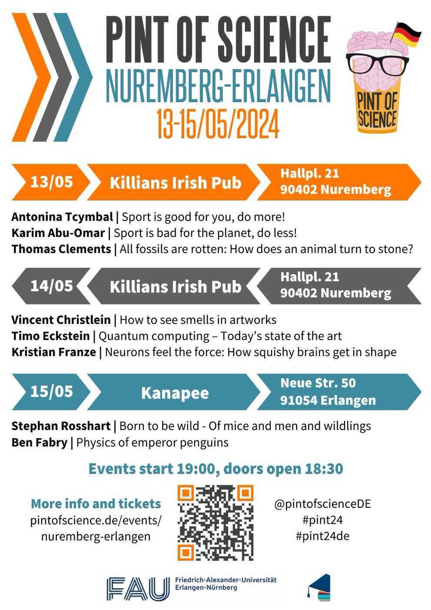 Save the date! 🗓️ The @pintofscienceDE in Nuremberg / Erlangen will take place May 13-15 with 2 events taking place in Nuremberg and 1 in Erlangen. For more info see below ⬇️ Tickets available at: pintofscience.de/events/nurembe… We‘re looking forward to seeing you there! 🧠🚀